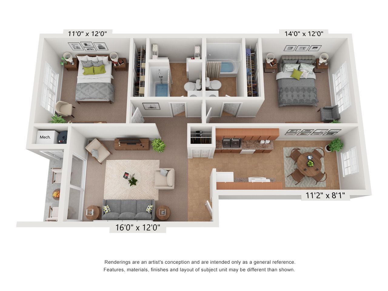3D floor plan of a two-bedroom, two-bath apartment with living room, kitchen, dining area, and closets.