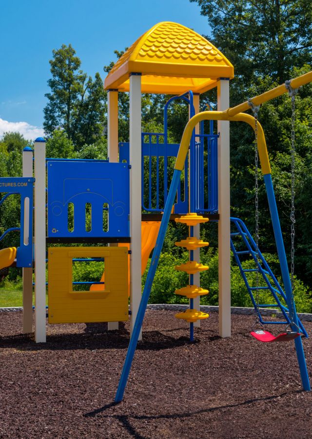 Colorful playground set with slides, swings, and climbing features on a sunny day, surrounded by trees.