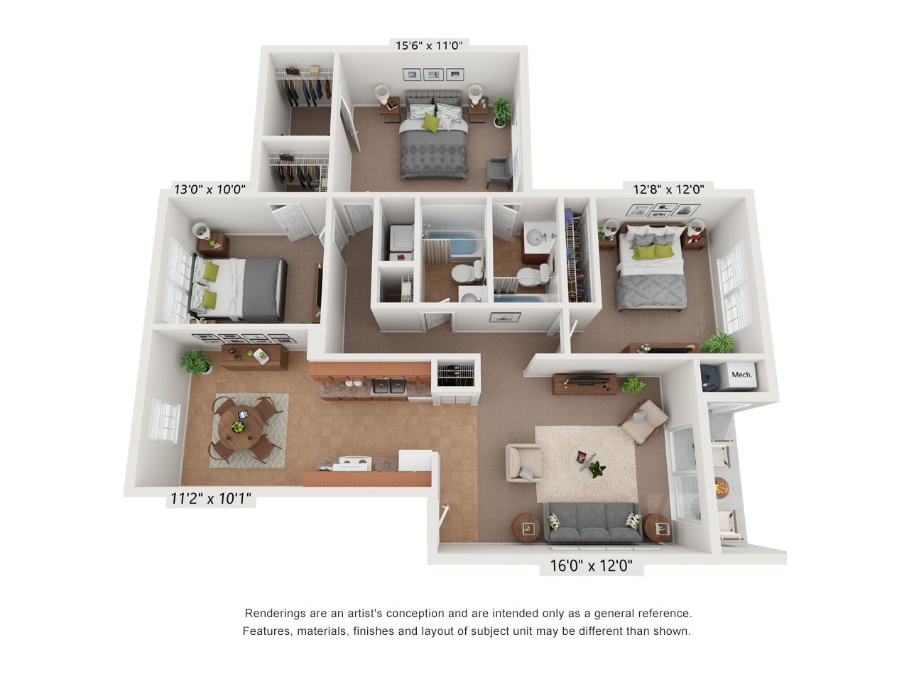 3D floor plan of a two-bedroom, two-bath apartment with kitchen, living room, dining area, closets, and laundry space.