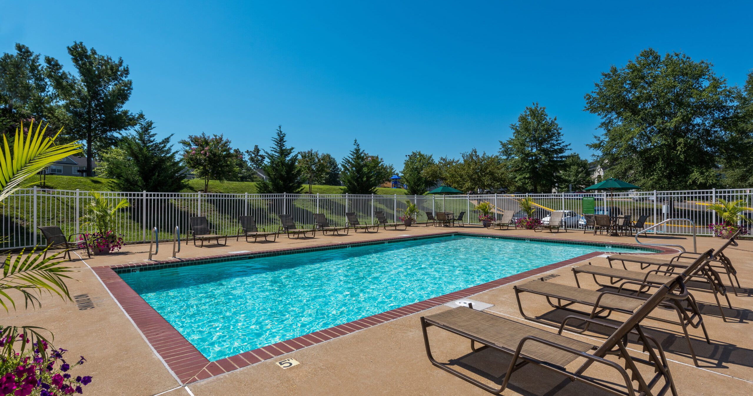 Outdoor swimming pool surrounded by lounge chairs, fencing, and trees under a clear blue sky.